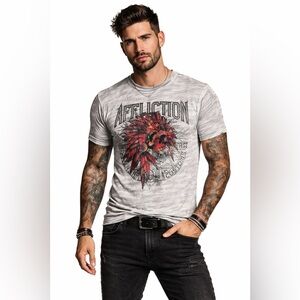 Affliction “Sketch Tribe” Red/Heather Gray Graphic Tee – Men’s Sz L